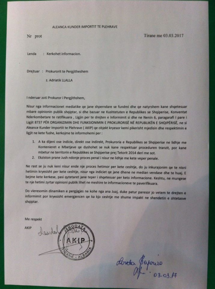 AKIP leter prokurorit llalla, INFOCIP solidarizohet